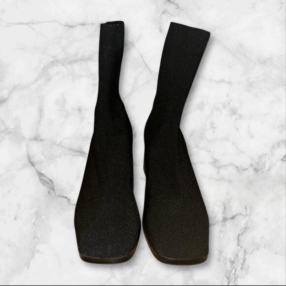 Aldo Black Sock Boot Bootie 7 Preppy Academia Pull On Square Toe Stacked Heel - Picture 2 of 7